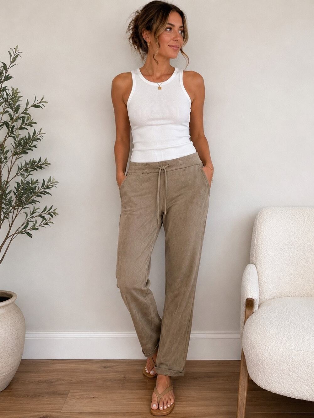 Madeleine Faux Suede Pull On Jogger Pants Tan Medium Stretch Waist